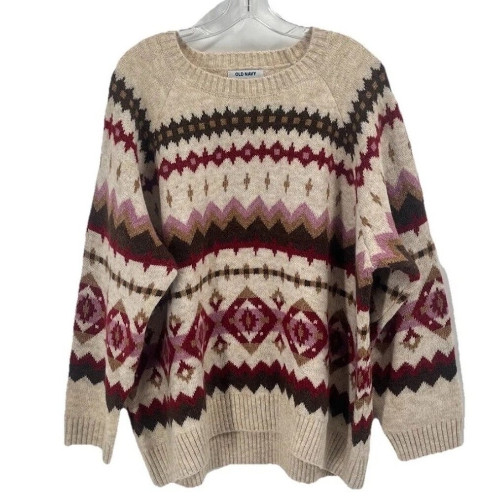 Old Navy Fair Isle Shaker Stitch Crew Neck Cream Sweater Sz Womens XL